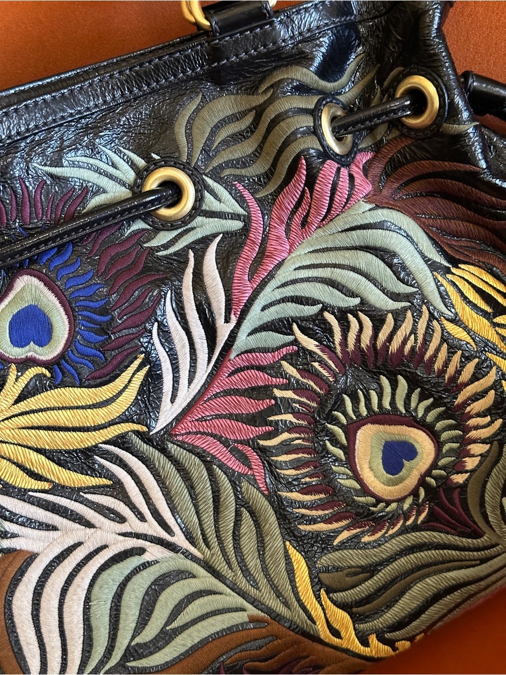 Isabella Fiore Black Leather Multicolor Embroidered Satchel - Picture 11 of 12